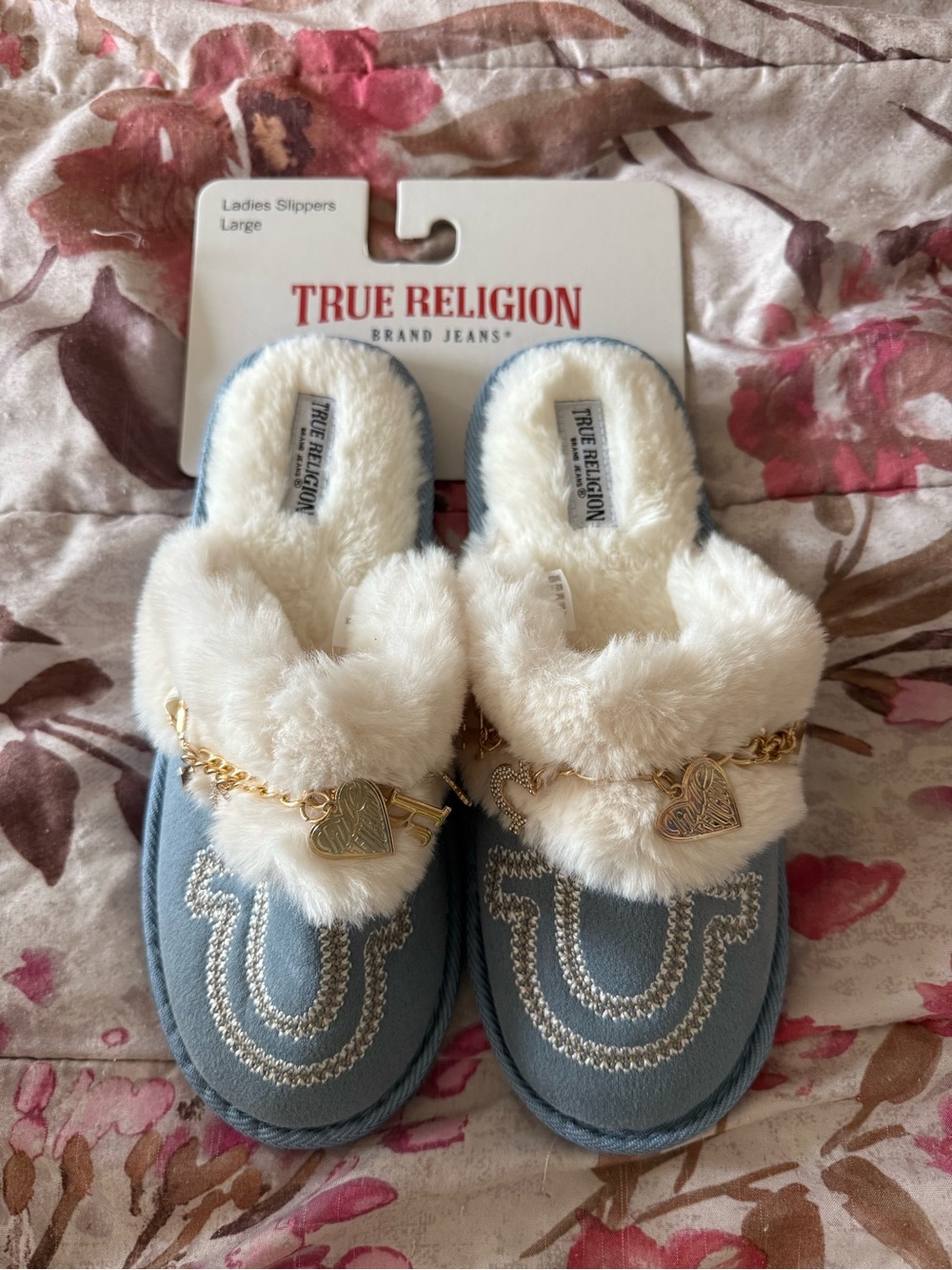True Religion Light Blue Faux-Fur Slip-On Slippers with Gold Heart Charm